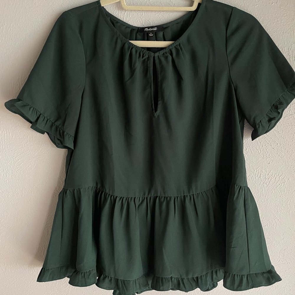 Madewell Dark Green Ruffle Peplum Blouse